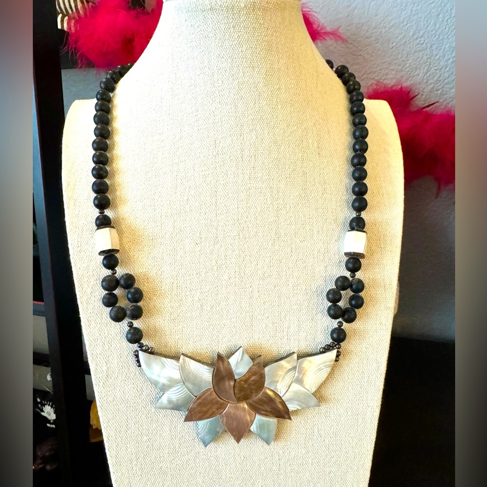 Vintage Lotus Flower Wood Bead Necklace